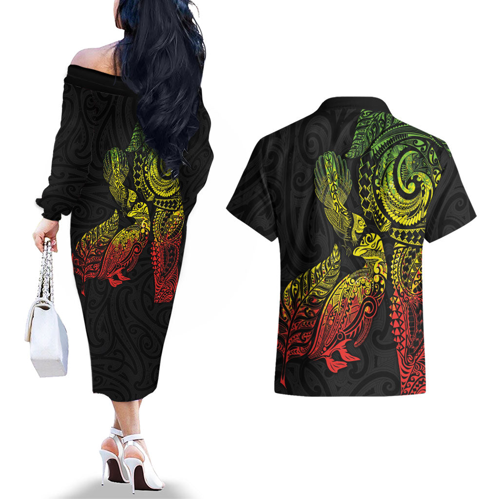 Aotearoa Moko Tribal Tattoo Couples Matching Off The Shoulder Long Sleeve Dress and Hawaiian Shirt New Zealand Maori Penguin and Fantail Reggae Style