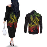 Aotearoa Moko Tribal Tattoo Couples Matching Off The Shoulder Long Sleeve Dress and Long Sleeve Button Shirt New Zealand Maori Penguin and Fantail Reggae Style