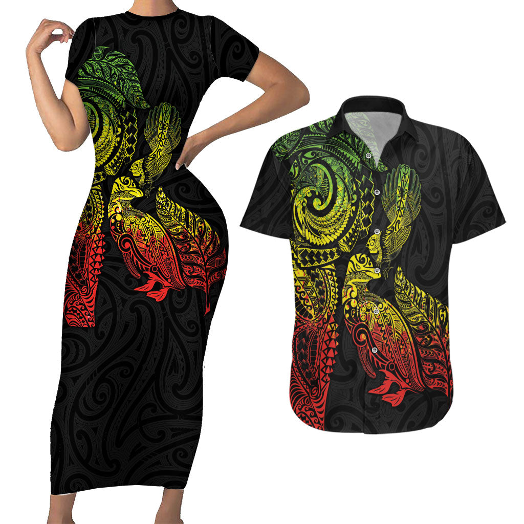 Aotearoa Moko Tribal Tattoo Couples Matching Short Sleeve Bodycon Dress and Hawaiian Shirt New Zealand Maori Penguin and Fantail Reggae Style