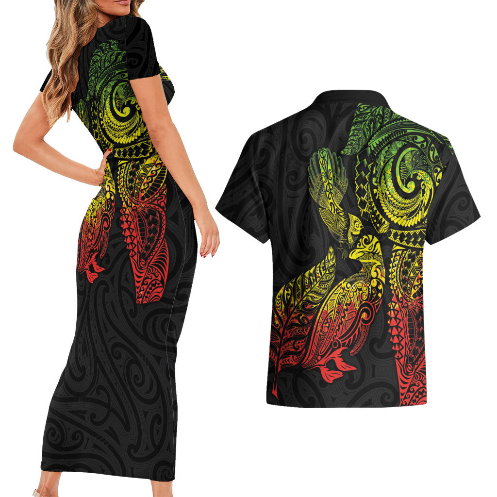 Aotearoa Moko Tribal Tattoo Couples Matching Short Sleeve Bodycon Dress and Hawaiian Shirt New Zealand Maori Penguin and Fantail Reggae Style