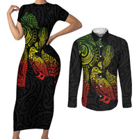 Aotearoa Moko Tribal Tattoo Couples Matching Short Sleeve Bodycon Dress and Long Sleeve Button Shirt New Zealand Maori Penguin and Fantail Reggae Style
