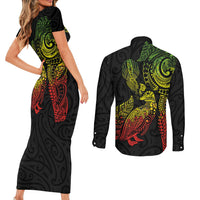 Aotearoa Moko Tribal Tattoo Couples Matching Short Sleeve Bodycon Dress and Long Sleeve Button Shirt New Zealand Maori Penguin and Fantail Reggae Style