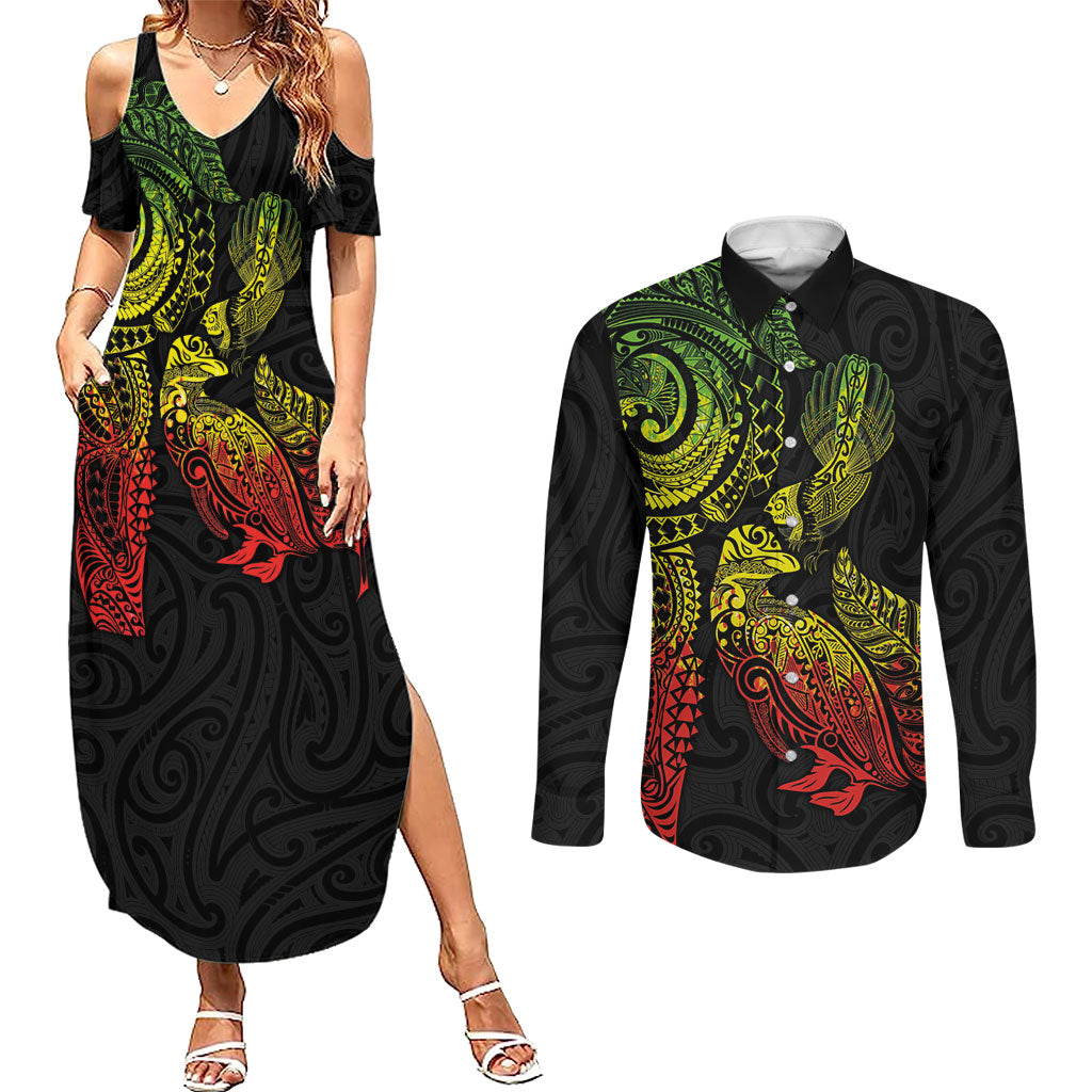 Aotearoa Moko Tribal Tattoo Couples Matching Summer Maxi Dress and Long Sleeve Button Shirt New Zealand Maori Penguin and Fantail Reggae Style