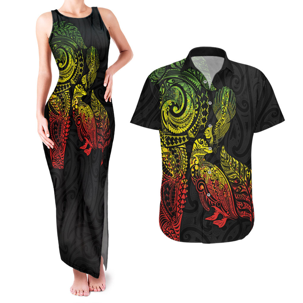 Aotearoa Moko Tribal Tattoo Couples Matching Tank Maxi Dress and Hawaiian Shirt New Zealand Maori Penguin and Fantail Reggae Style LT03 Multicolor - Polynesian Pride