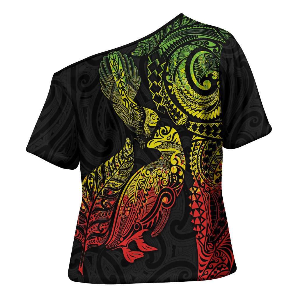 Aotearoa Moko Tribal Tattoo Cross Shoulder Shirt New Zealand Maori Penguin and Fantail Reggae Style