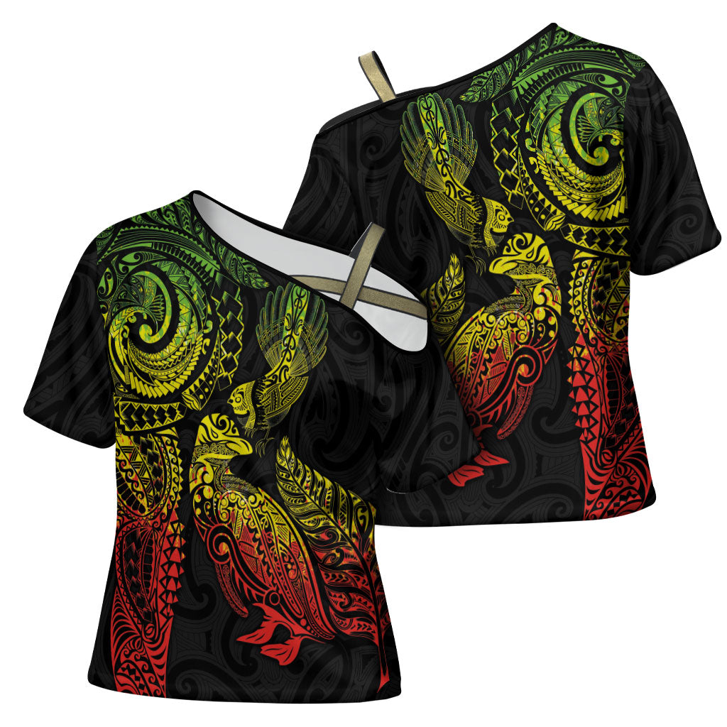Aotearoa Moko Tribal Tattoo Cross Shoulder Shirt New Zealand Maori Penguin and Fantail Reggae Style