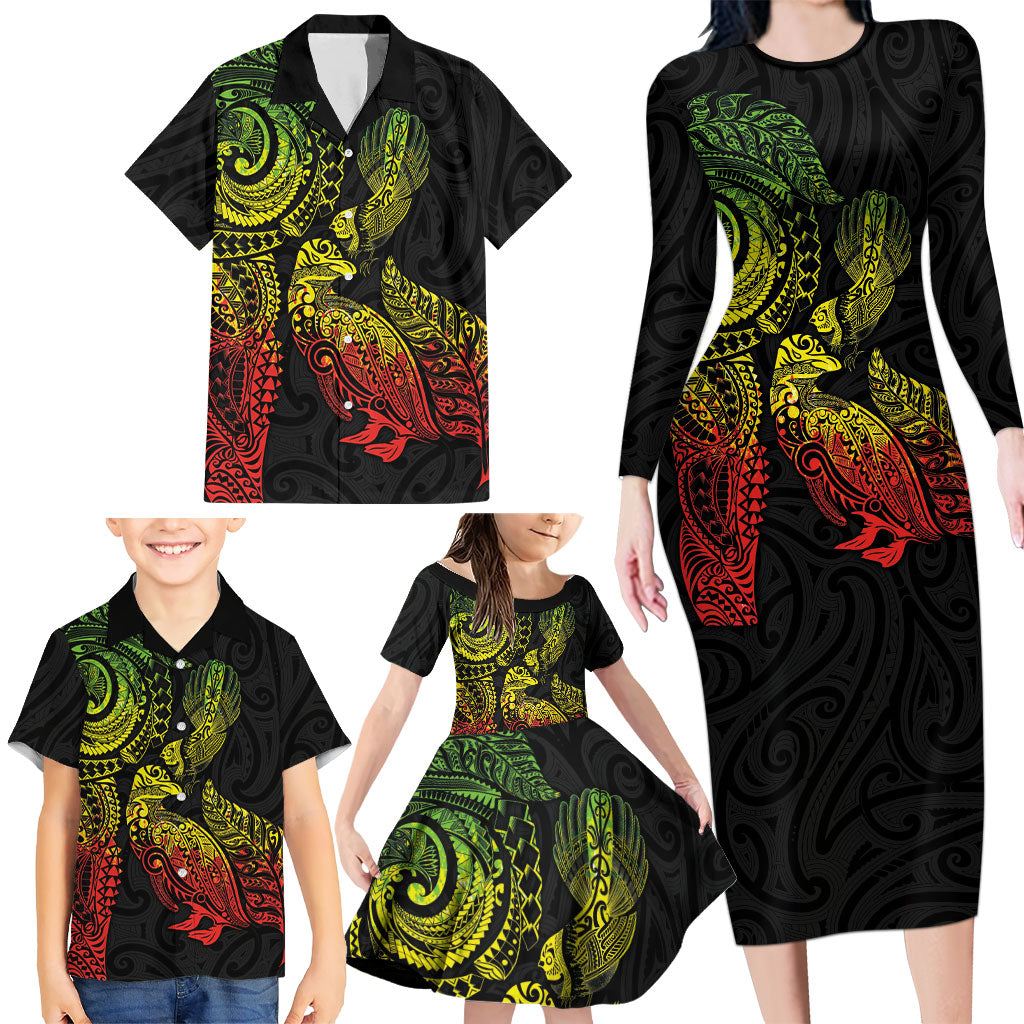 Aotearoa Moko Tribal Tattoo Family Matching Long Sleeve Bodycon Dress and Hawaiian Shirt New Zealand Maori Penguin and Fantail Reggae Style