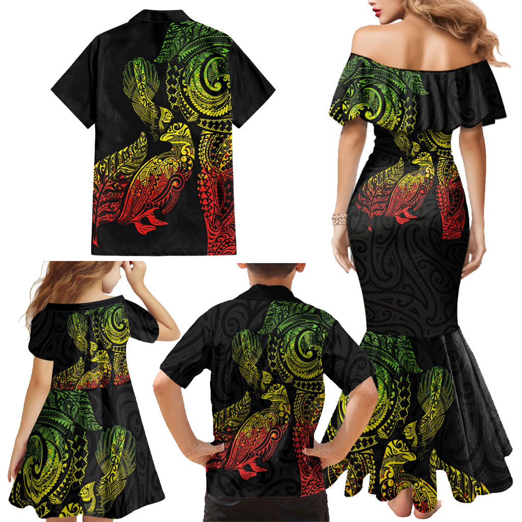 Aotearoa Moko Tribal Tattoo Family Matching Mermaid Dress and Hawaiian Shirt New Zealand Maori Penguin and Fantail Reggae Style