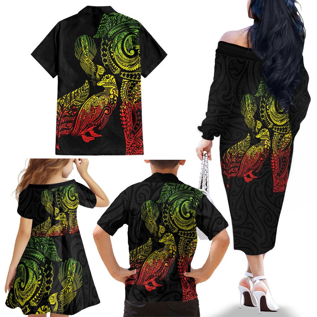 Aotearoa Moko Tribal Tattoo Family Matching Off The Shoulder Long Sleeve Dress and Hawaiian Shirt New Zealand Maori Penguin and Fantail Reggae Style