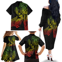 Aotearoa Moko Tribal Tattoo Family Matching Off The Shoulder Long Sleeve Dress and Hawaiian Shirt New Zealand Maori Penguin and Fantail Reggae Style