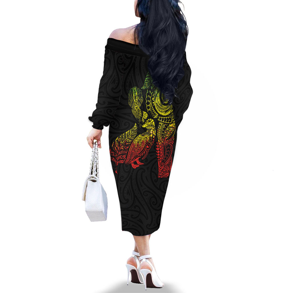 Aotearoa Moko Tribal Tattoo Family Matching Off The Shoulder Long Sleeve Dress and Hawaiian Shirt New Zealand Maori Penguin and Fantail Reggae Style