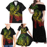 Aotearoa Moko Tribal Tattoo Family Matching Off Shoulder Maxi Dress and Hawaiian Shirt New Zealand Maori Penguin and Fantail Reggae Style
