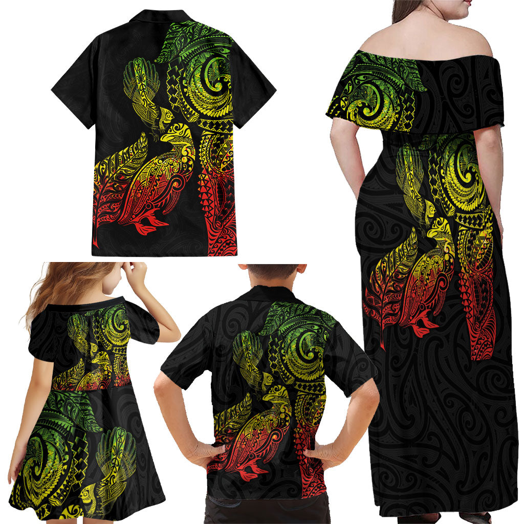 Aotearoa Moko Tribal Tattoo Family Matching Off Shoulder Maxi Dress and Hawaiian Shirt New Zealand Maori Penguin and Fantail Reggae Style