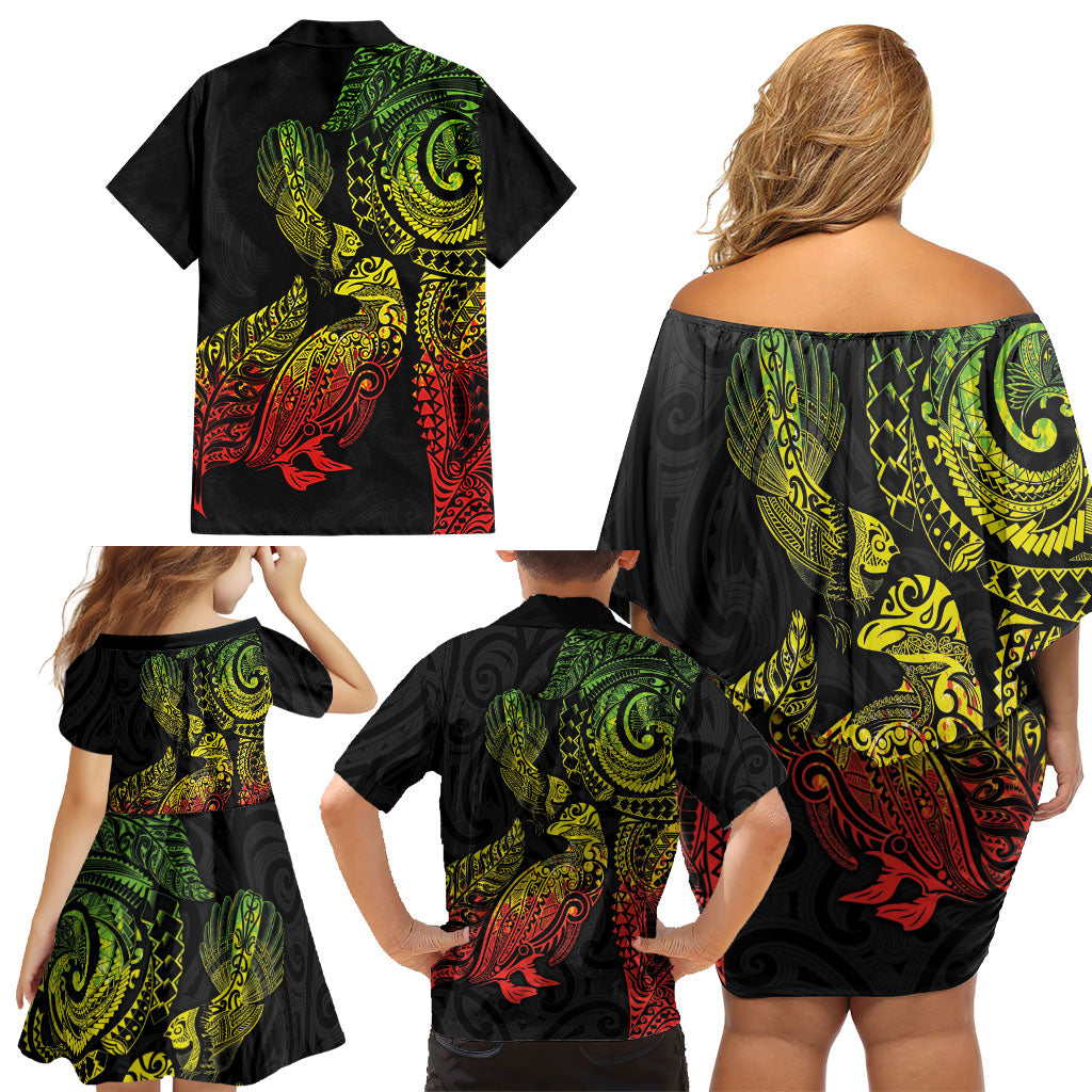 Aotearoa Moko Tribal Tattoo Family Matching Off Shoulder Short Dress and Hawaiian Shirt New Zealand Maori Penguin and Fantail Reggae Style
