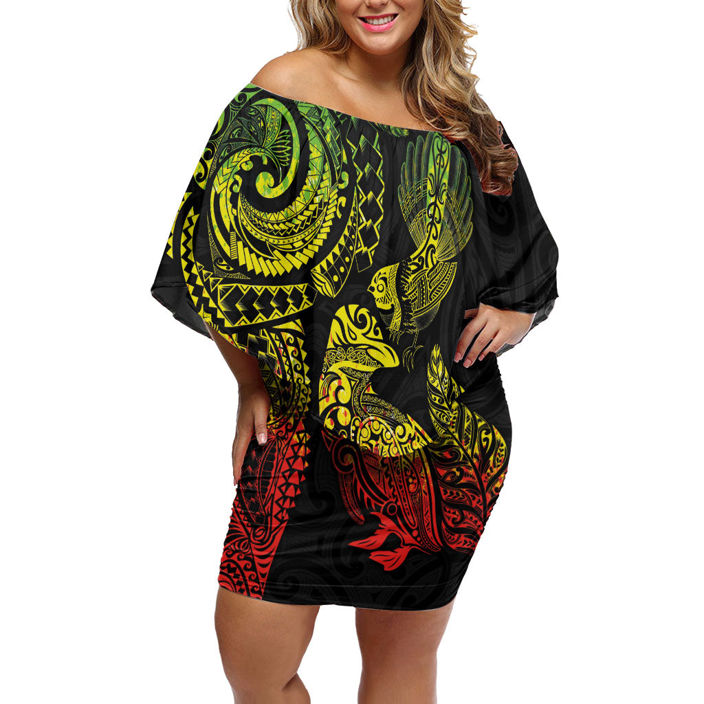 Aotearoa Moko Tribal Tattoo Family Matching Off Shoulder Short Dress and Hawaiian Shirt New Zealand Maori Penguin and Fantail Reggae Style