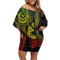 Aotearoa Moko Tribal Tattoo Family Matching Off Shoulder Short Dress and Hawaiian Shirt New Zealand Maori Penguin and Fantail Reggae Style