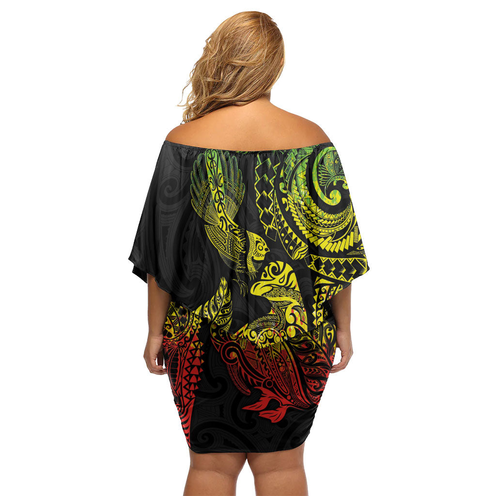Aotearoa Moko Tribal Tattoo Family Matching Off Shoulder Short Dress and Hawaiian Shirt New Zealand Maori Penguin and Fantail Reggae Style