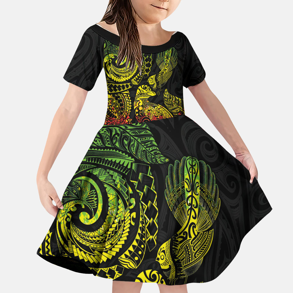 Aotearoa Moko Tribal Tattoo Family Matching Puletasi and Hawaiian Shirt New Zealand Maori Penguin and Fantail Reggae Style LT03 Daughter's Dress Multicolor - Polynesian Pride