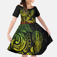 Aotearoa Moko Tribal Tattoo Family Matching Puletasi and Hawaiian Shirt New Zealand Maori Penguin and Fantail Reggae Style LT03 Daughter's Dress Multicolor - Polynesian Pride