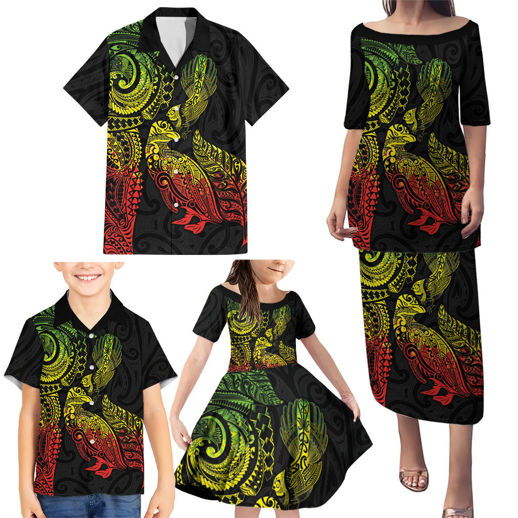 Aotearoa Moko Tribal Tattoo Family Matching Puletasi and Hawaiian Shirt New Zealand Maori Penguin and Fantail Reggae Style LT03 - Polynesian Pride