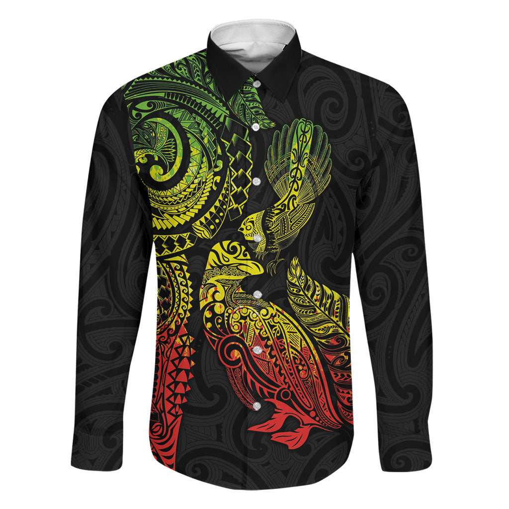 Aotearoa Moko Tribal Tattoo Family Matching Puletasi and Hawaiian Shirt New Zealand Maori Penguin and Fantail Reggae Style LT03 Dad's Shirt - Long Sleeve Multicolor - Polynesian Pride