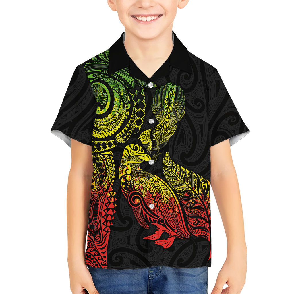 Aotearoa Moko Tribal Tattoo Family Matching Puletasi and Hawaiian Shirt New Zealand Maori Penguin and Fantail Reggae Style LT03 Son's Shirt Multicolor - Polynesian Pride