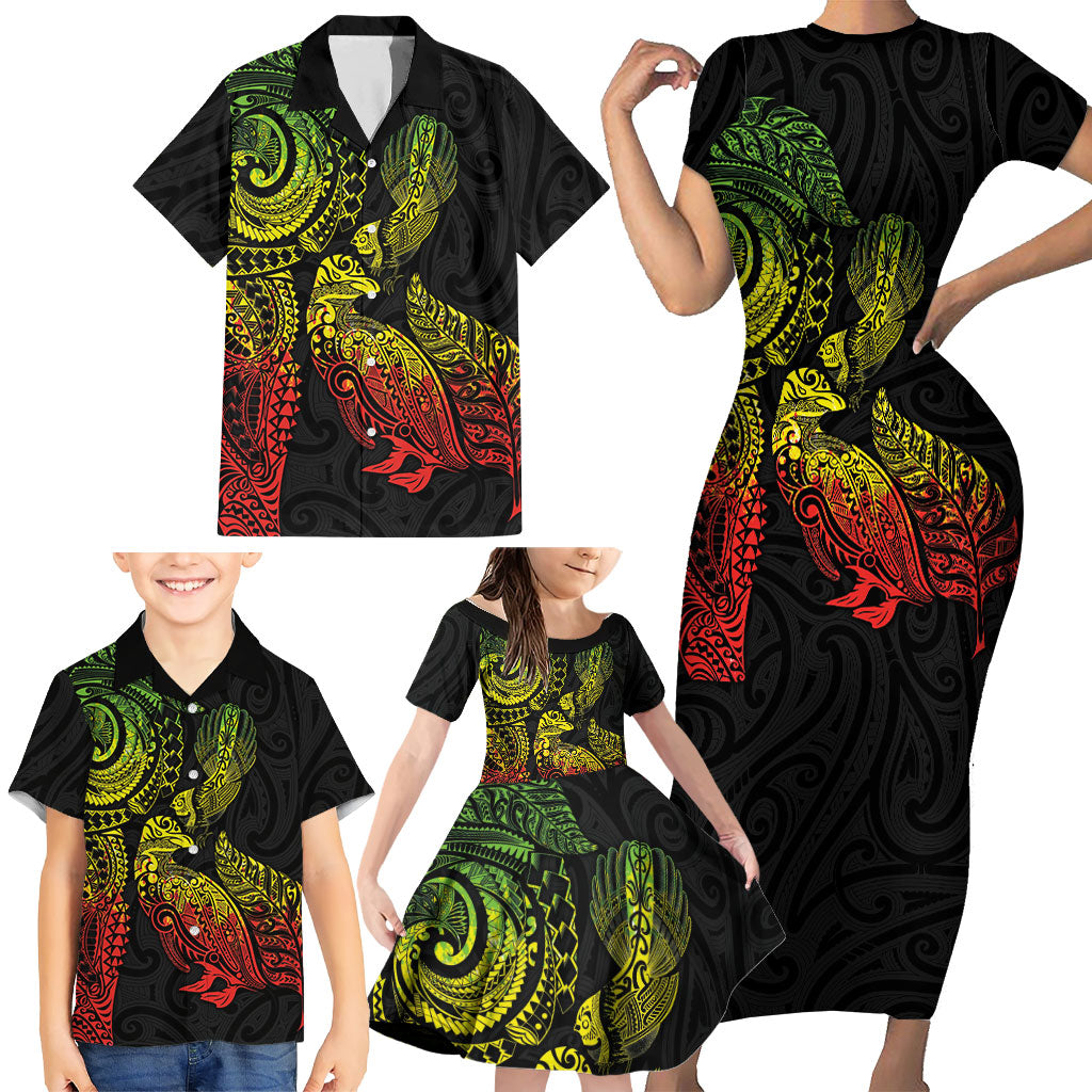 Aotearoa Moko Tribal Tattoo Family Matching Short Sleeve Bodycon Dress and Hawaiian Shirt New Zealand Maori Penguin and Fantail Reggae Style LT03 - Polynesian Pride