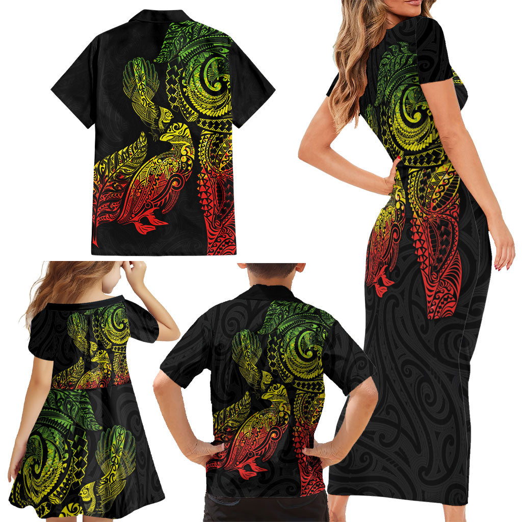 Aotearoa Moko Tribal Tattoo Family Matching Short Sleeve Bodycon Dress and Hawaiian Shirt New Zealand Maori Penguin and Fantail Reggae Style LT03 - Polynesian Pride