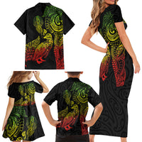 Aotearoa Moko Tribal Tattoo Family Matching Short Sleeve Bodycon Dress and Hawaiian Shirt New Zealand Maori Penguin and Fantail Reggae Style LT03 - Polynesian Pride