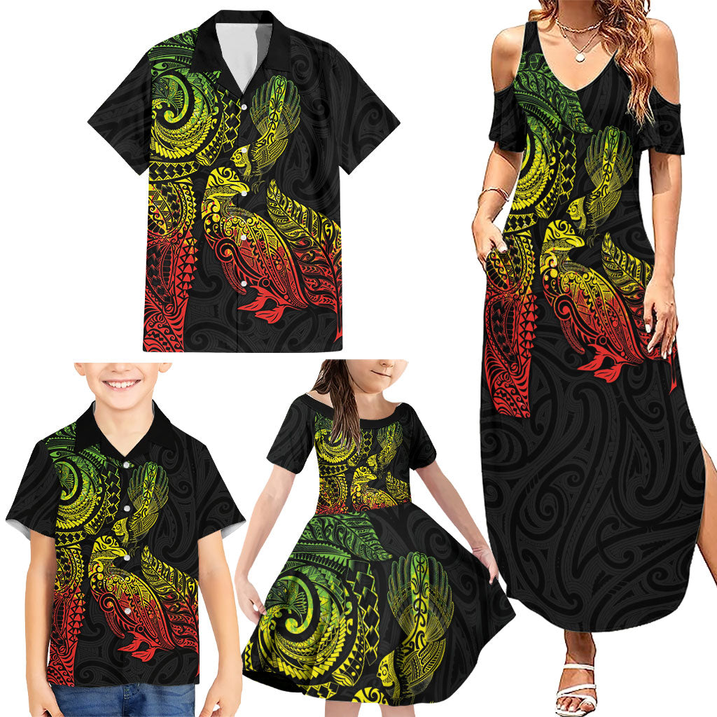 Aotearoa Moko Tribal Tattoo Family Matching Summer Maxi Dress and Hawaiian Shirt New Zealand Maori Penguin and Fantail Reggae Style LT03 - Polynesian Pride