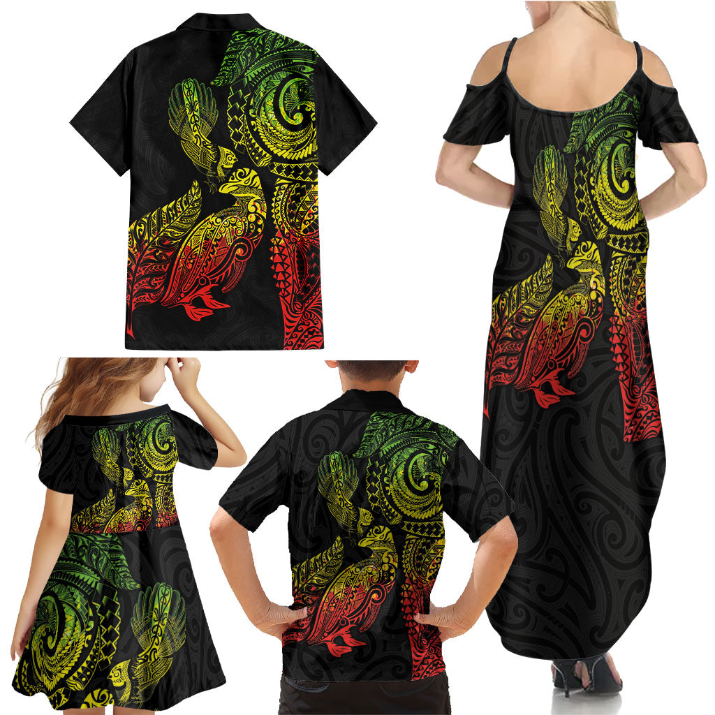 Aotearoa Moko Tribal Tattoo Family Matching Summer Maxi Dress and Hawaiian Shirt New Zealand Maori Penguin and Fantail Reggae Style LT03 - Polynesian Pride