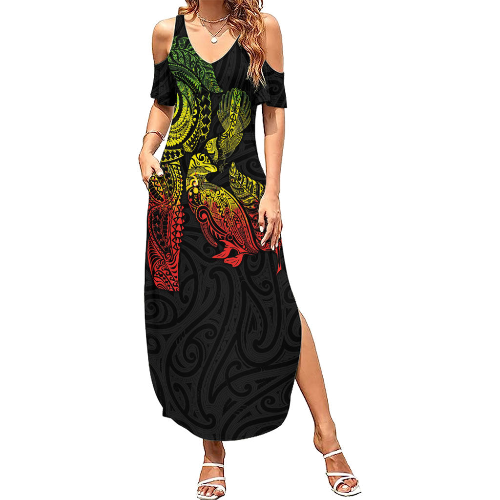 Aotearoa Moko Tribal Tattoo Family Matching Summer Maxi Dress and Hawaiian Shirt New Zealand Maori Penguin and Fantail Reggae Style LT03 Mom's Dress Multicolor - Polynesian Pride