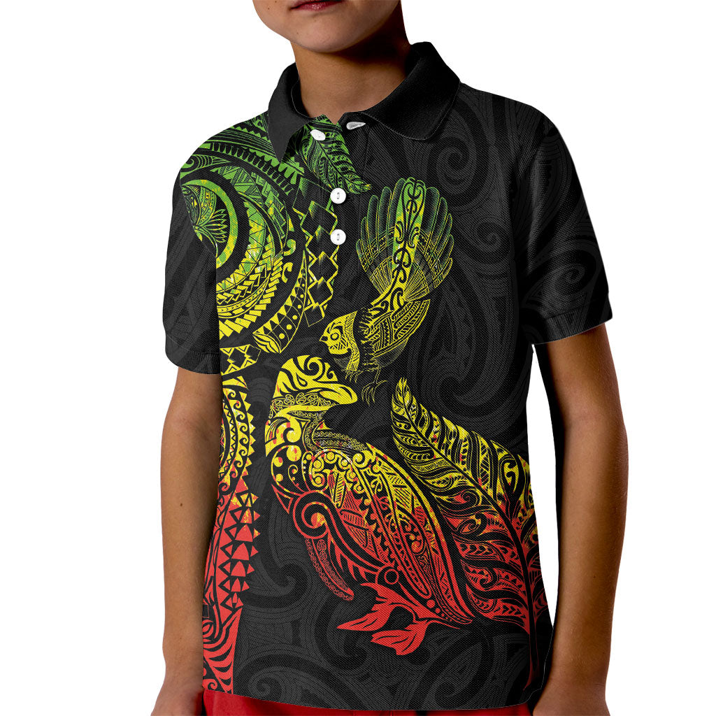 Aotearoa Moko Tribal Tattoo Kid Polo Shirt New Zealand Maori Penguin and Fantail Reggae Style