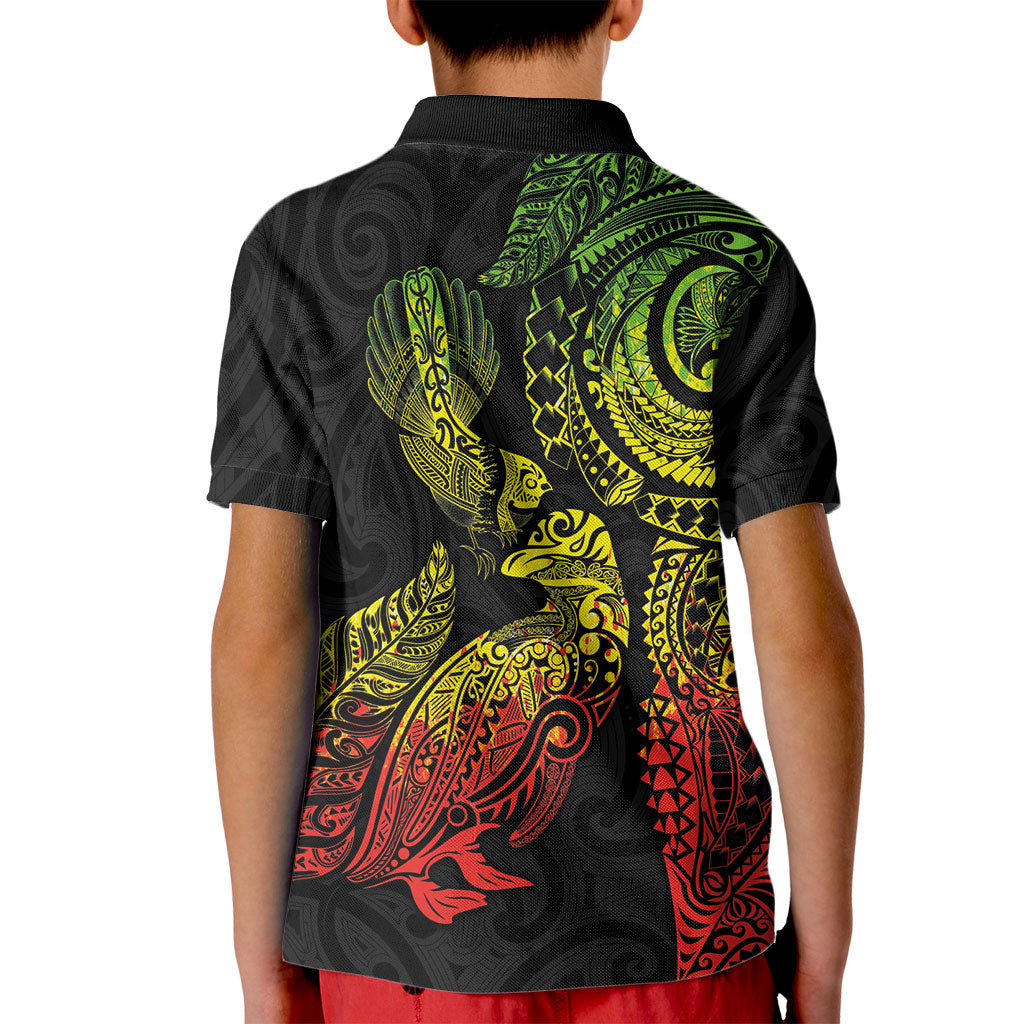 Aotearoa Moko Tribal Tattoo Kid Polo Shirt New Zealand Maori Penguin and Fantail Reggae Style