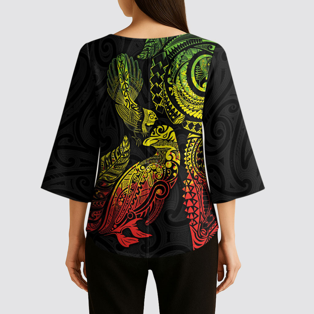 Aotearoa Moko Tribal Tattoo Kimono Sleeve Blouse New Zealand Maori Penguin and Fantail Reggae Style