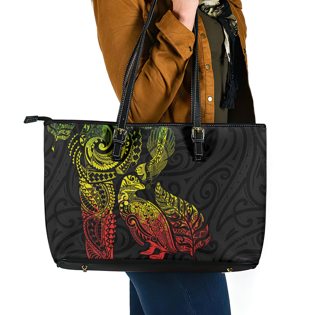 Aotearoa Moko Tribal Tattoo Leather Tote Bag New Zealand Maori Penguin and Fantail Reggae Style