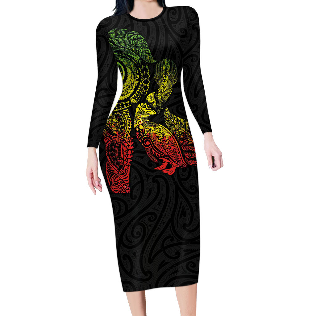 Aotearoa Moko Tribal Tattoo Long Sleeve Bodycon Dress New Zealand Maori Penguin and Fantail Reggae Style