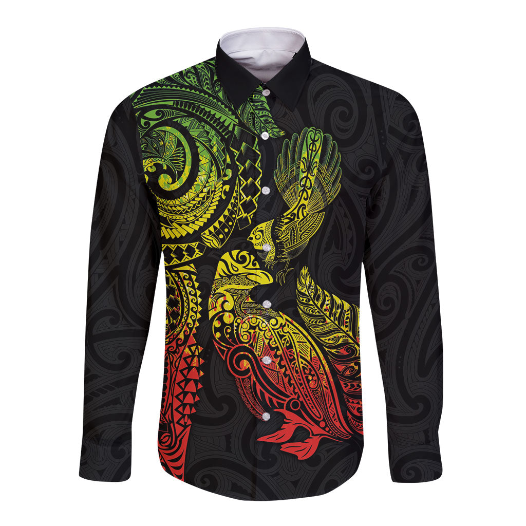 Aotearoa Moko Tribal Tattoo Long Sleeve Button Shirt New Zealand Maori Penguin and Fantail Reggae Style