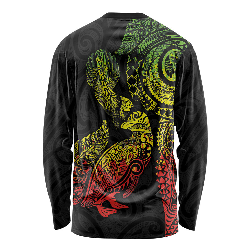Aotearoa Moko Tribal Tattoo Long Sleeve Shirt New Zealand Maori Penguin and Fantail Reggae Style
