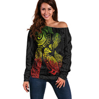 Aotearoa Moko Tribal Tattoo Off Shoulder Sweater New Zealand Maori Penguin and Fantail Reggae Style LT03 Women Multicolor - Polynesian Pride