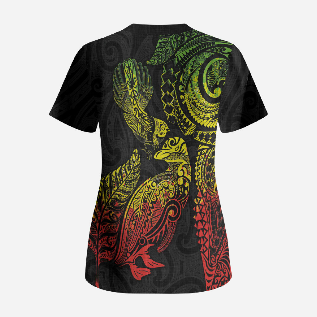 Aotearoa Moko Tribal Tattoo Scrub Top New Zealand Maori Penguin and Fantail Reggae Style