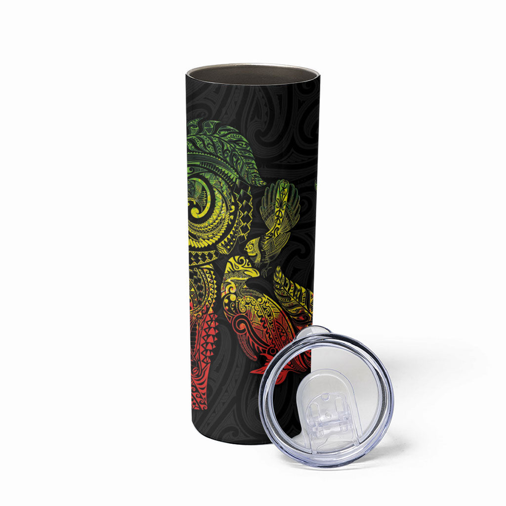 Aotearoa Moko Tribal Tattoo Skinny Tumbler New Zealand Maori Penguin and Fantail Reggae Style