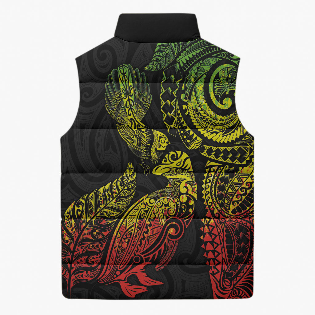 Aotearoa Moko Tribal Tattoo Sleeveless Puffer Jacket New Zealand Maori Penguin and Fantail Reggae Style