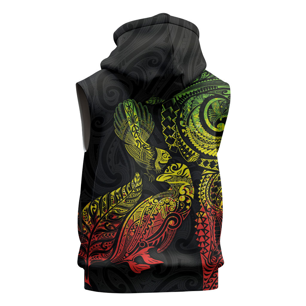 Aotearoa Moko Tribal Tattoo Sleeveless Zip Hoodie New Zealand Maori Penguin and Fantail Reggae Style