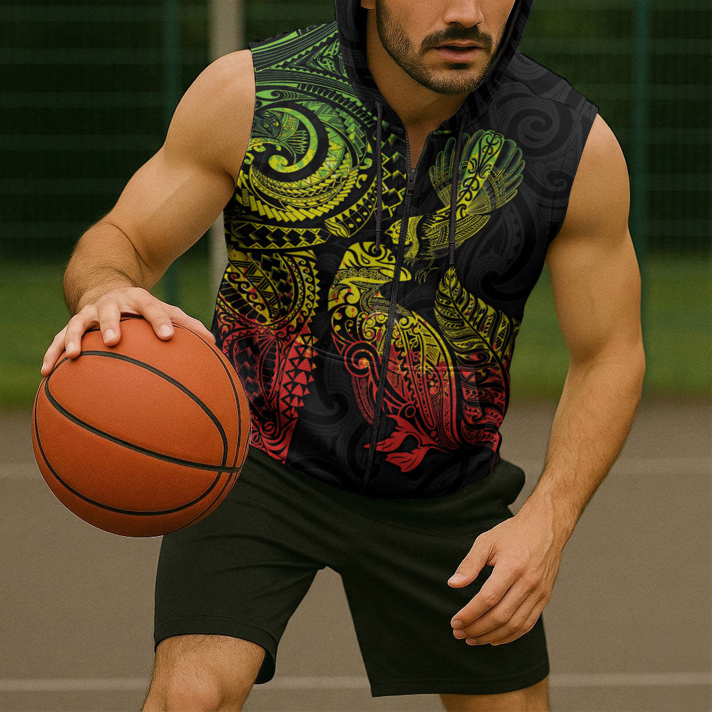 Aotearoa Moko Tribal Tattoo Sleeveless Zip Hoodie New Zealand Maori Penguin and Fantail Reggae Style