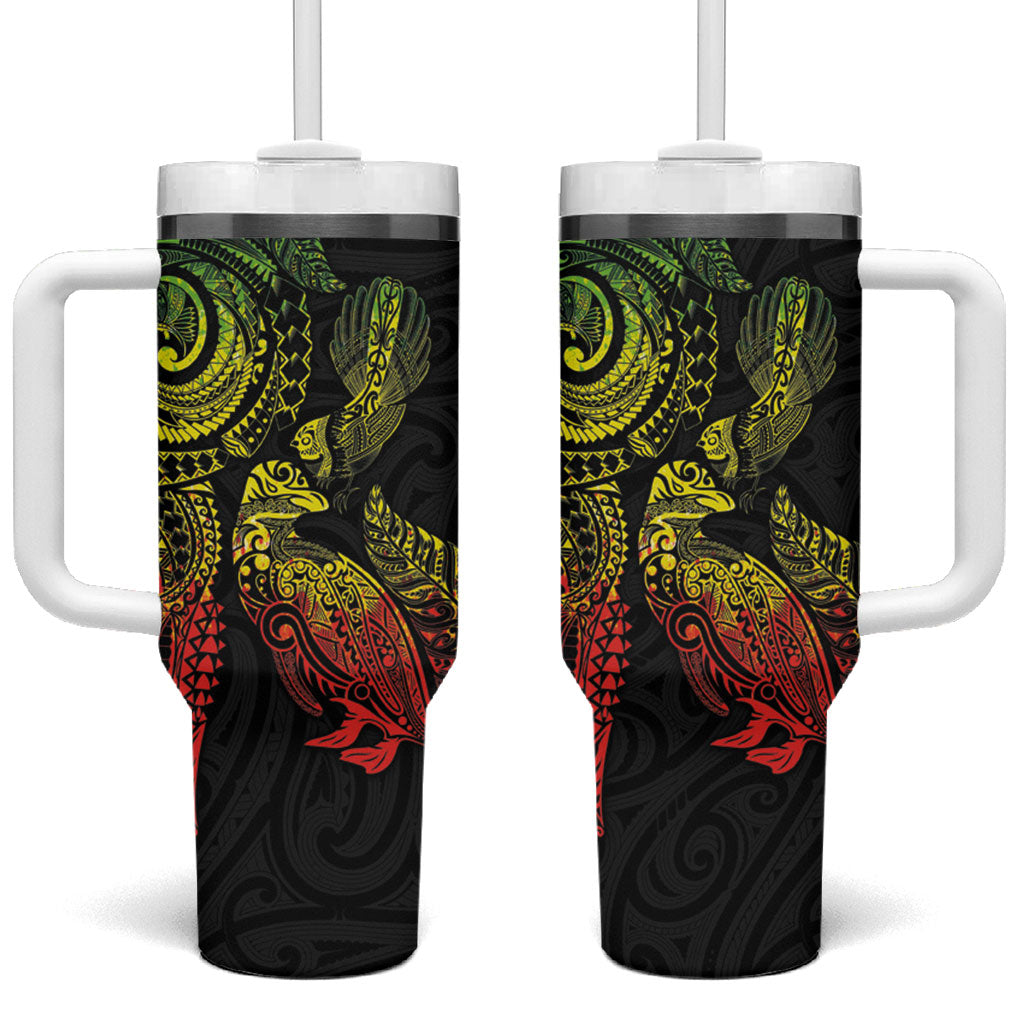Aotearoa Moko Tribal Tattoo Tumbler With Handle New Zealand Maori Penguin and Fantail Reggae Style