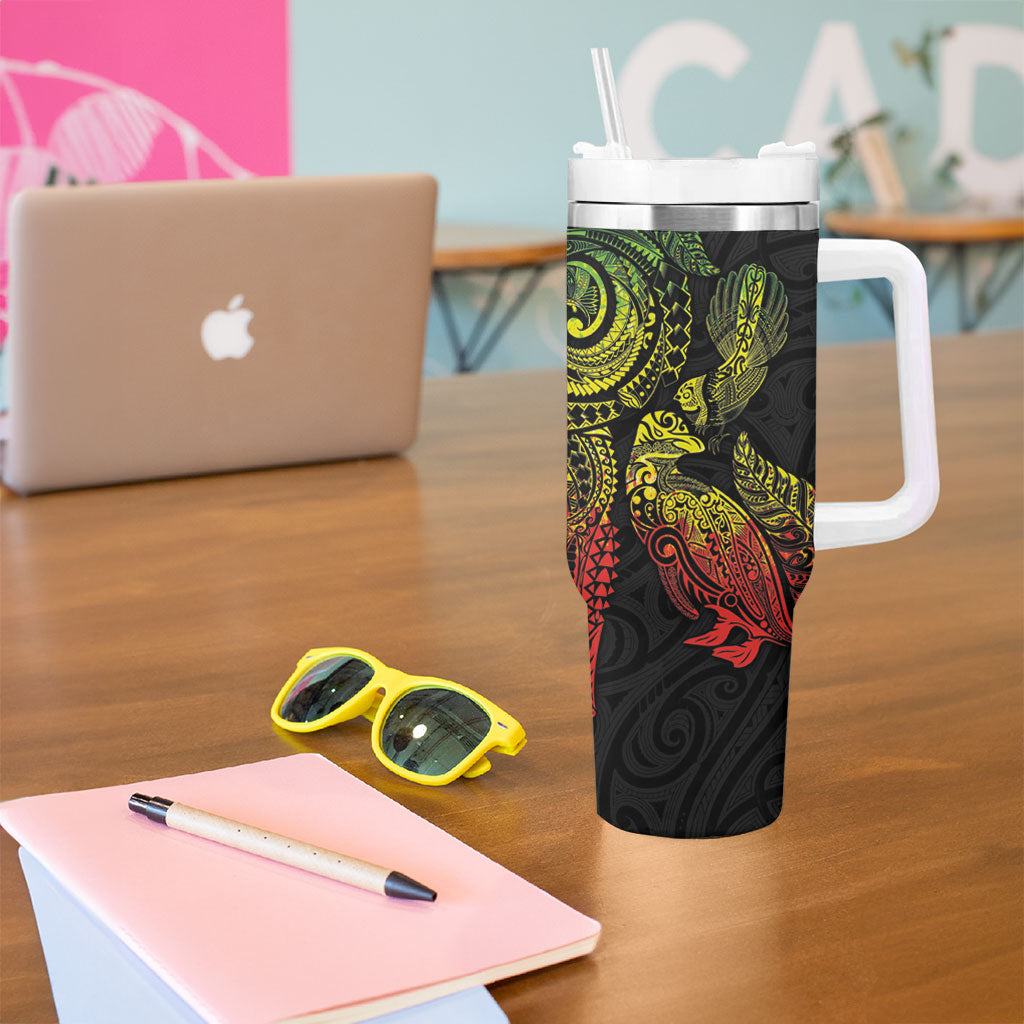 Aotearoa Moko Tribal Tattoo Tumbler With Handle New Zealand Maori Penguin and Fantail Reggae Style