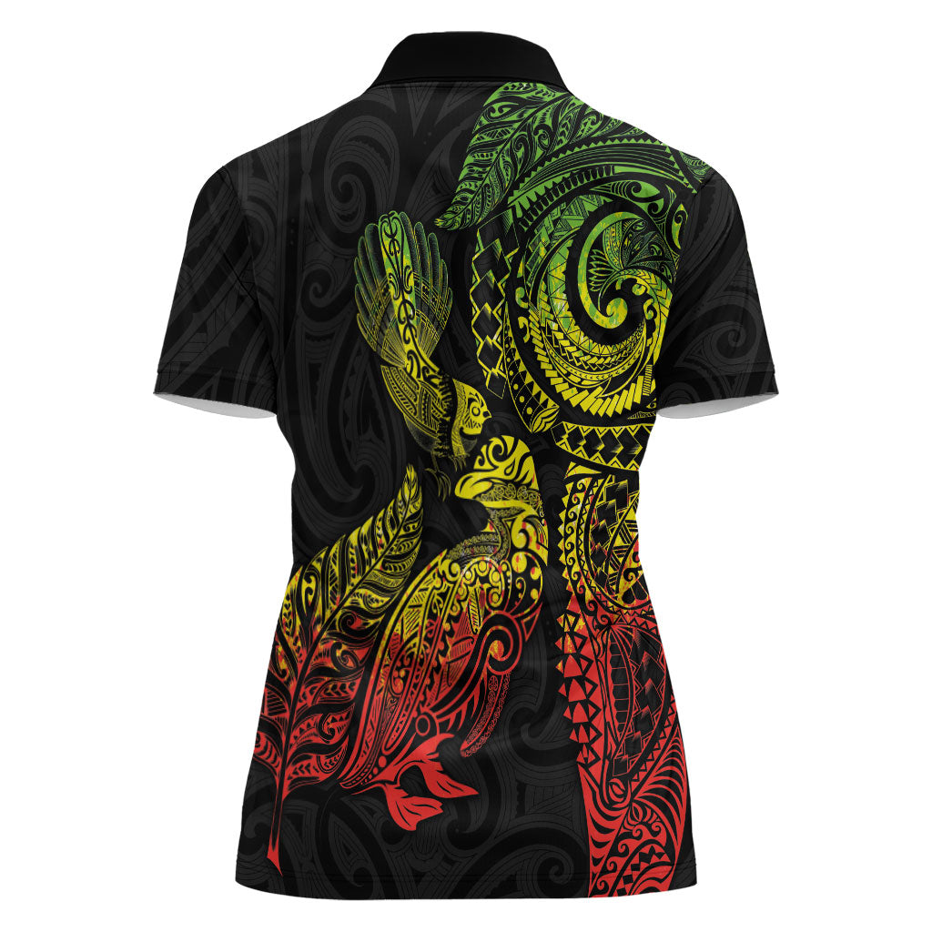 Aotearoa Moko Tribal Tattoo Women Polo Shirt New Zealand Maori Penguin and Fantail Reggae Style