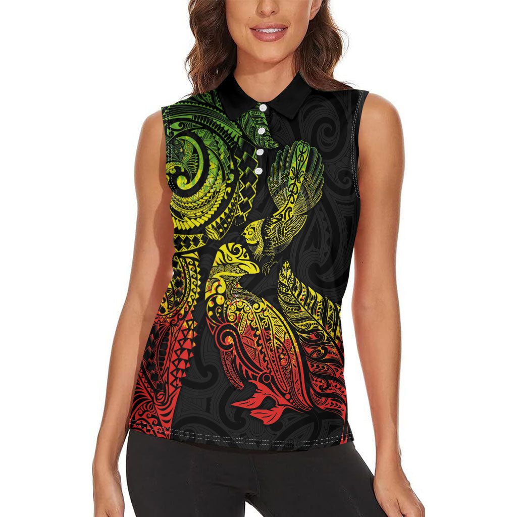 Aotearoa Moko Tribal Tattoo Women Sleeveless Polo Shirt New Zealand Maori Penguin and Fantail Reggae Style