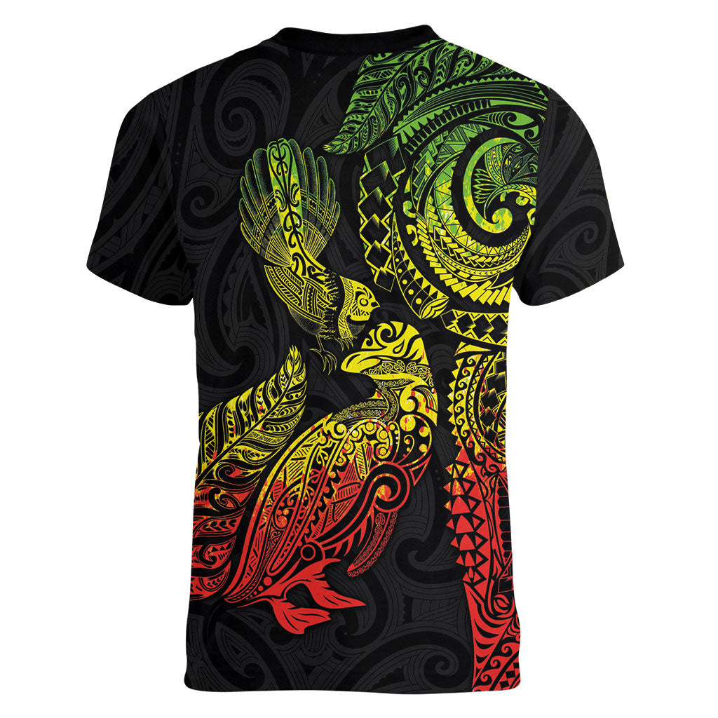 Aotearoa Moko Tribal Tattoo Women V-Neck T-Shirt New Zealand Maori Penguin and Fantail Reggae Style